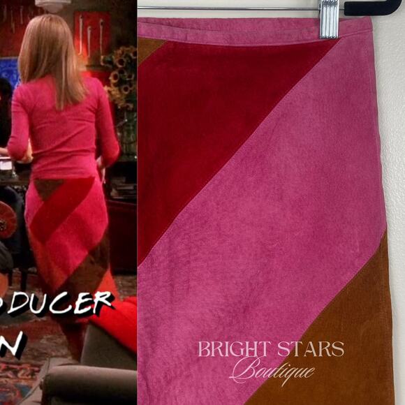 Rare Colorblock Suede Skirt ASO Phoebe Buffay Friends Pink Red Brown Patchwork - Picture 4 of 11